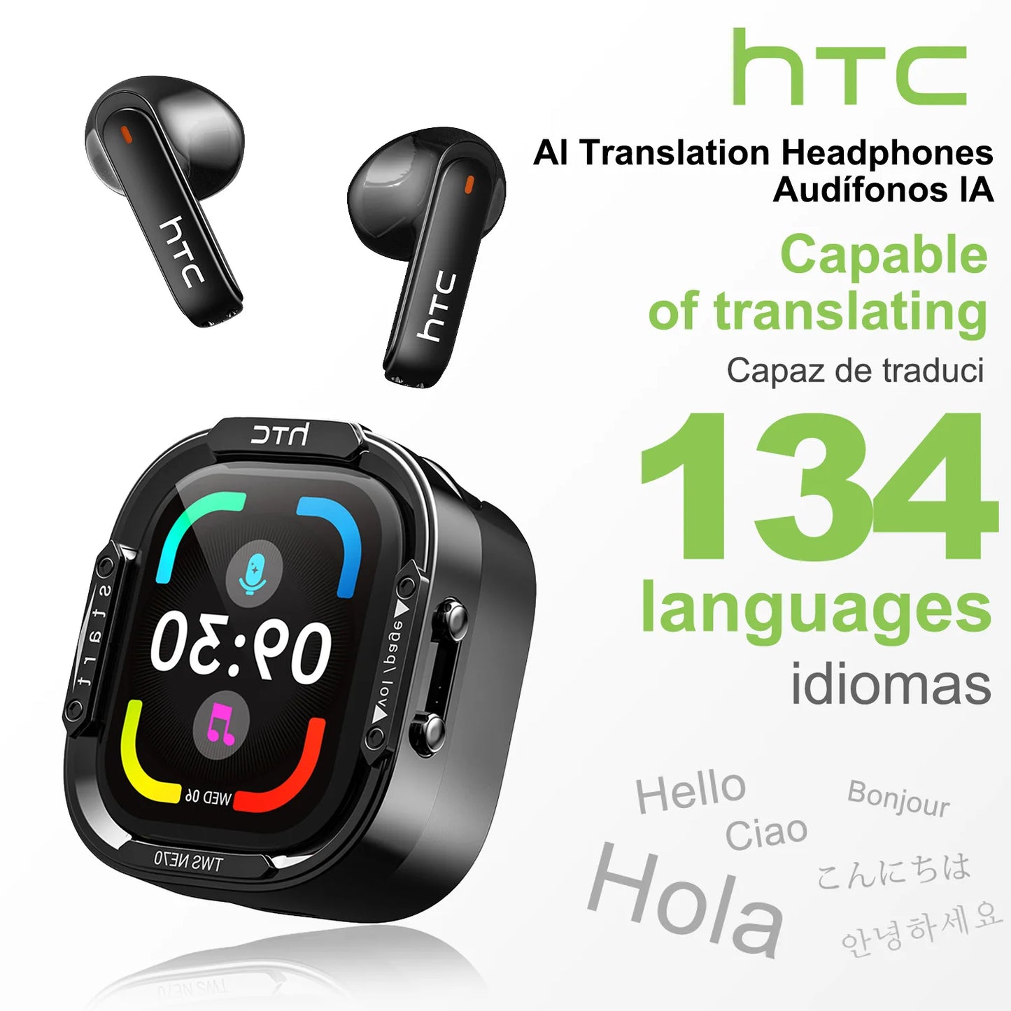 HTC NE70 Bluetooth Earphones Touch Screen TWS in-Ear Wireless Headphones AI Translator Noise Reduction Earbuds Game Heatset
