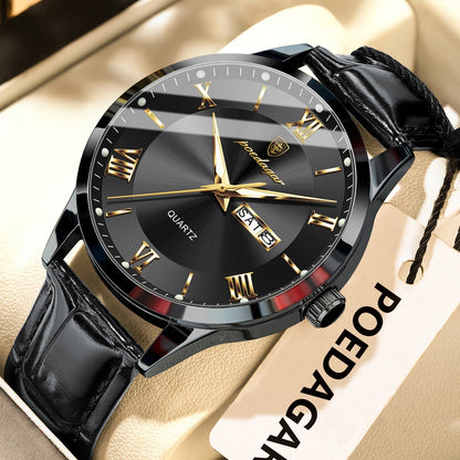 Relógio de homem na moda POEDAGAR, bracelete em pele, data e dia da semana, relógio de quartzo de luxo, estanque, luminoso, estilo business descontraído.