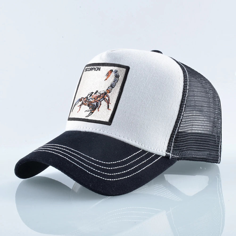 Unisex-trucker-kasket med broderet skorpion-patch, baseballkasket til mænd, snapback-hiphop-kasket til kvinder, udendørs kasket med visir i åndbart materiale