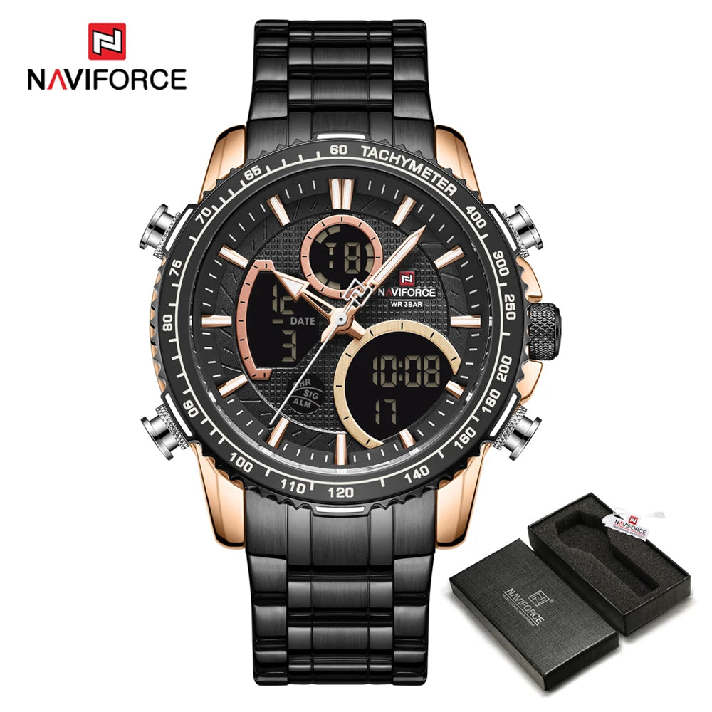 Relógio desportivo para homem NAVIFORCE – Relógio de pulso de luxo original em aço inoxidável, modelo militar estanque com duplo visor