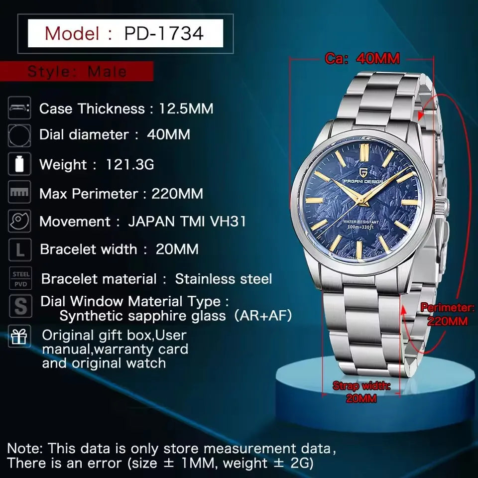 PAGANI DESIGN 40MM Meteorite dial Men Quartz Watches Luxury Business 316L Stainless Steel 100M Waterproof Watch For Men clock