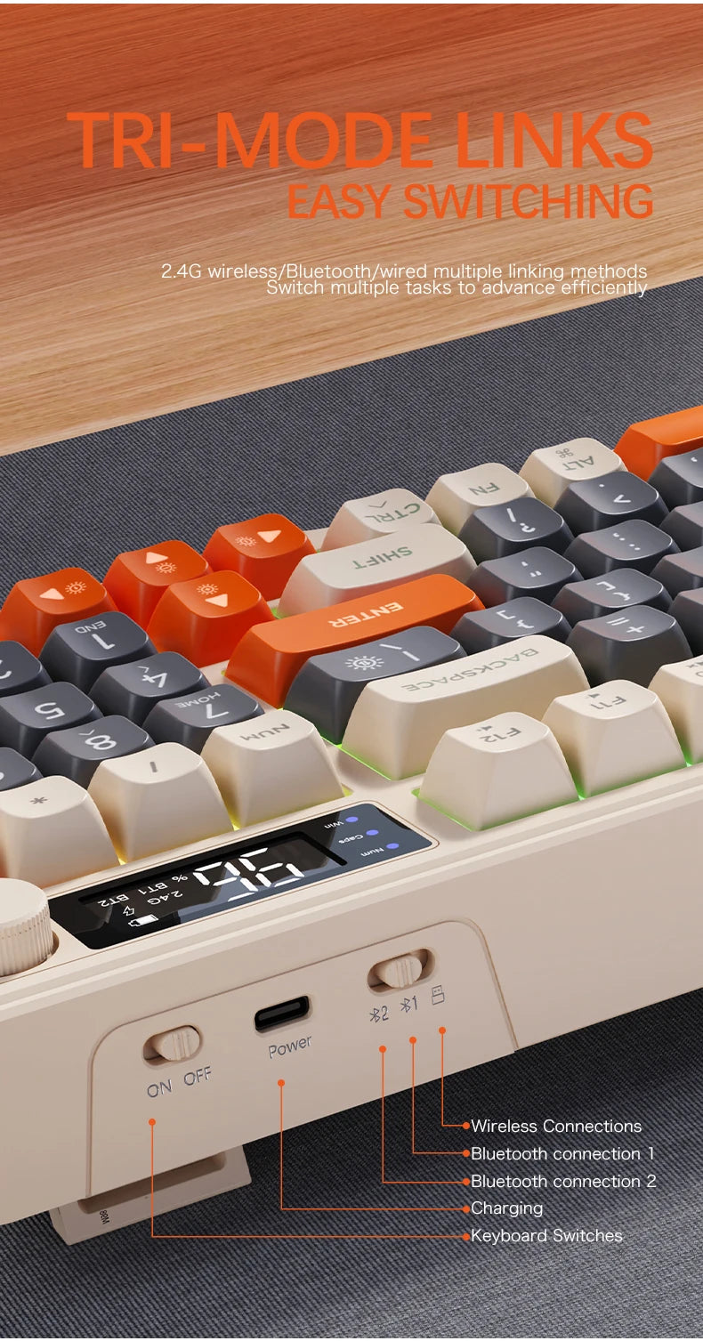 Teclado Sem Fios Bluetooth M96 FREEWOLF com Ecrã Digital, Retroiluminação RGB, Bateria de 2000mAh e Teclas PBT para PC/Portátil