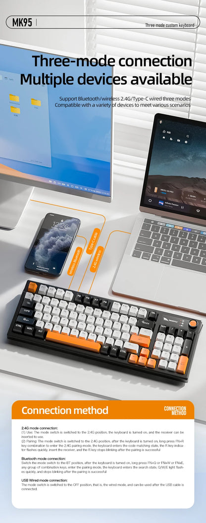 SMAILWOLF MK95 Bluetooth 무선 한국어 맞춤형 기계식 키보드 e-스포츠 3 모드 노트북 오피스 게임 풀 키 핫 스왑 가능 RGB 조명 효과