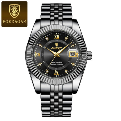 Relógio de homem POEDAGAR – Modelo de luxo, estanque, em aço inoxidável, com visor luminescente, estilo militar, função de data, movimento de quartzo, ideal para o trabalho ou ocasiões profissionais.