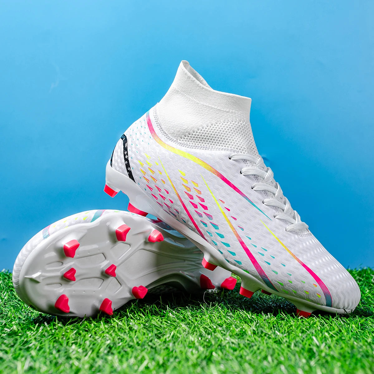 Chaussures de football à tige haute AG FG, respirantes, en PU et mesh, avec crampons TPU complets, antidérapantes, pour protéger la cheville lors des compétitions sur herbe intense.