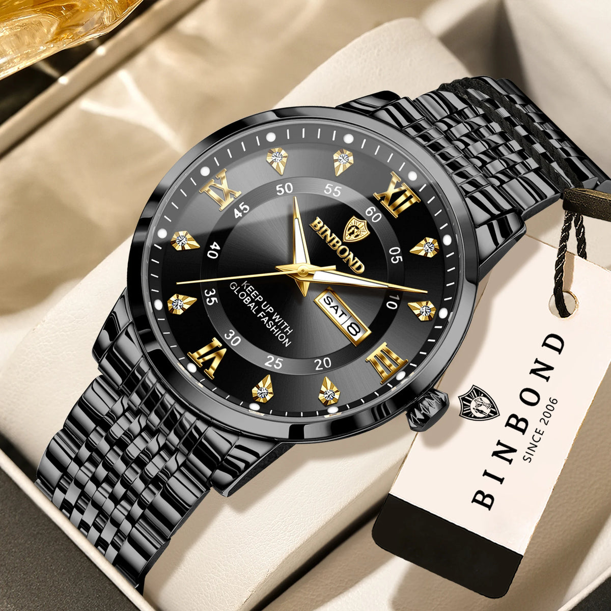 Relógio de pulso de luxo BINBOND com movimento de quartzo para homem – Impermeável, luminoso, com indicação do dia da semana – Estilo empresarial, desportivo, moderno e casual