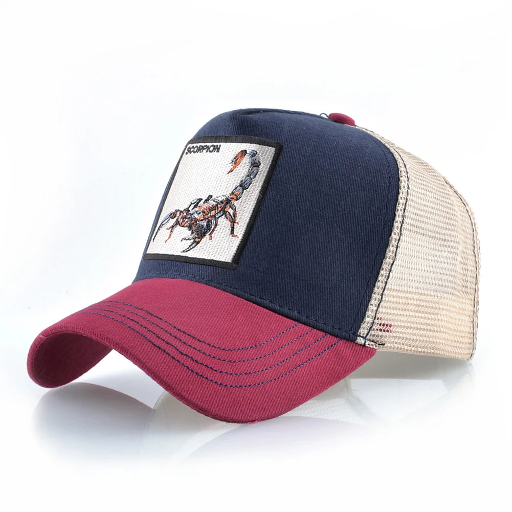 Unisex-trucker-kasket med broderet skorpion-patch, baseballkasket til mænd, snapback-hiphop-kasket til kvinder, udendørs kasket med visir i åndbart materiale