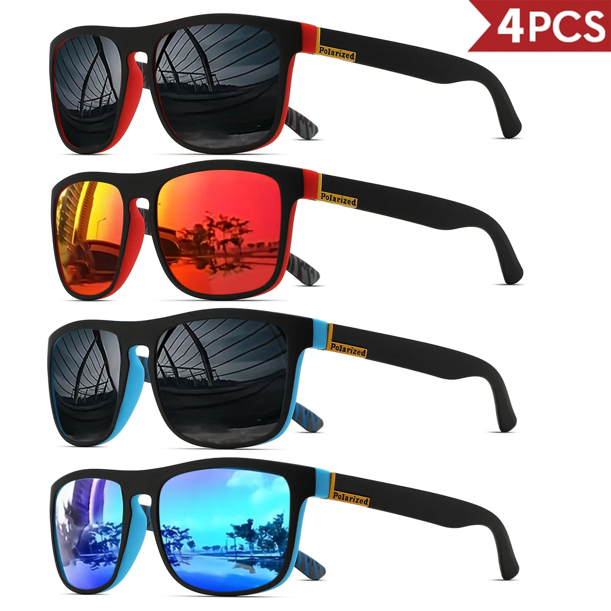 4PCSClassic Square Polarized Sports Sunglasses Lightweight PC Frame UV400 for Driving Fishing Cycling Unisex Everyday Durability