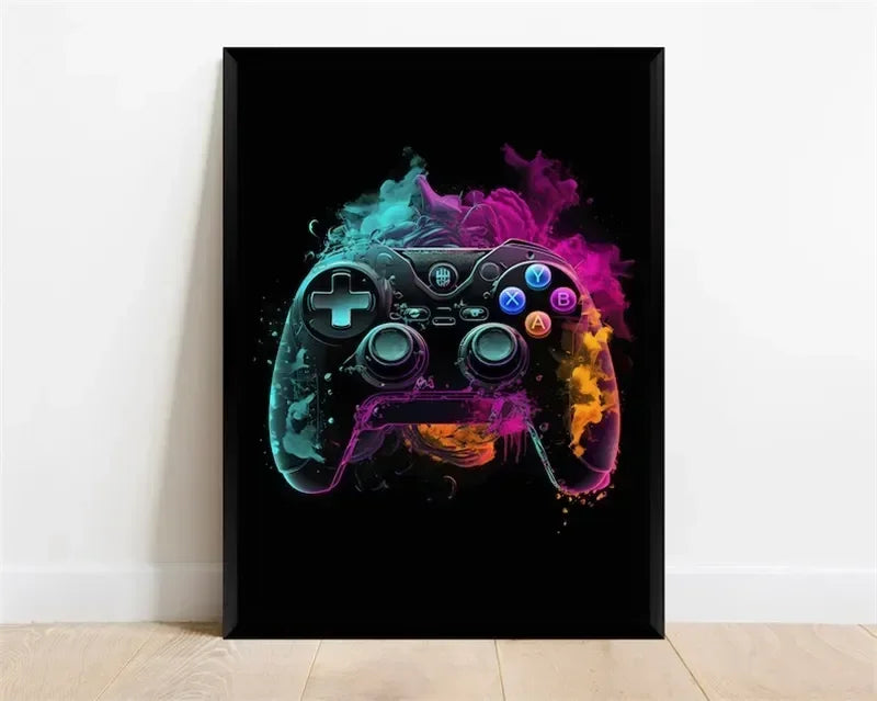 Pop-Neon-Poster mit Videospiel-Charakter, Gamepad, Kopfhörern, Fußball und Basketball – Leinwanddruck, Wandkunst-Dekor für das Gaming-Zimmer