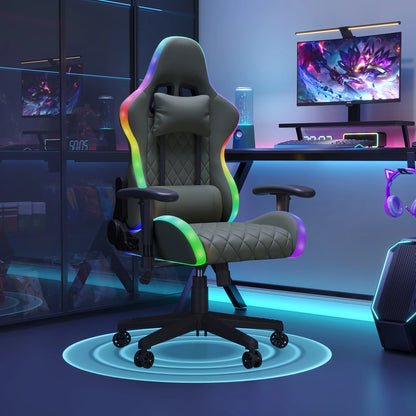 Rosahqnda LED gaming chair with ergonomically adjustable backrest, PU leather office chair, lumbar support cushion & pillow