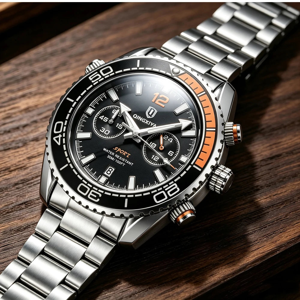 Relógio de pulso de luxo para homem da marca QINGXIYA, cronógrafo desportivo à prova de água com data luminosa, relógio de quartzo casual para homem