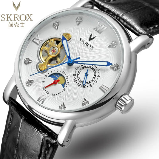 Relógio mecânico automático de luxo para homem, de uma grande marca, equipado com um turbilhão, uma fase lunar e diamantes – um elegante relógio de pulso.