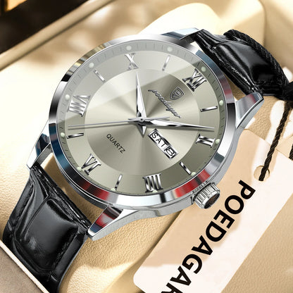 Relógio de homem na moda POEDAGAR, bracelete em pele, data e dia da semana, relógio de quartzo de luxo, estanque, luminoso, estilo business descontraído.