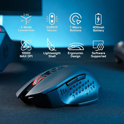 Redragon M656 MAX 3-Mode Wireless Gaming Mouse 10000 DPI Rechargeable Gaming Mice   5 DPI Levels, 7 Macro Buttons, RGB Backlight