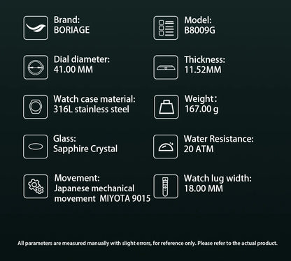 BORIAGE Fully automatic mechanical men's watch BGW9 luminous watch MIYOTA9015 movement 316 stainless steel 200m Water Resistance