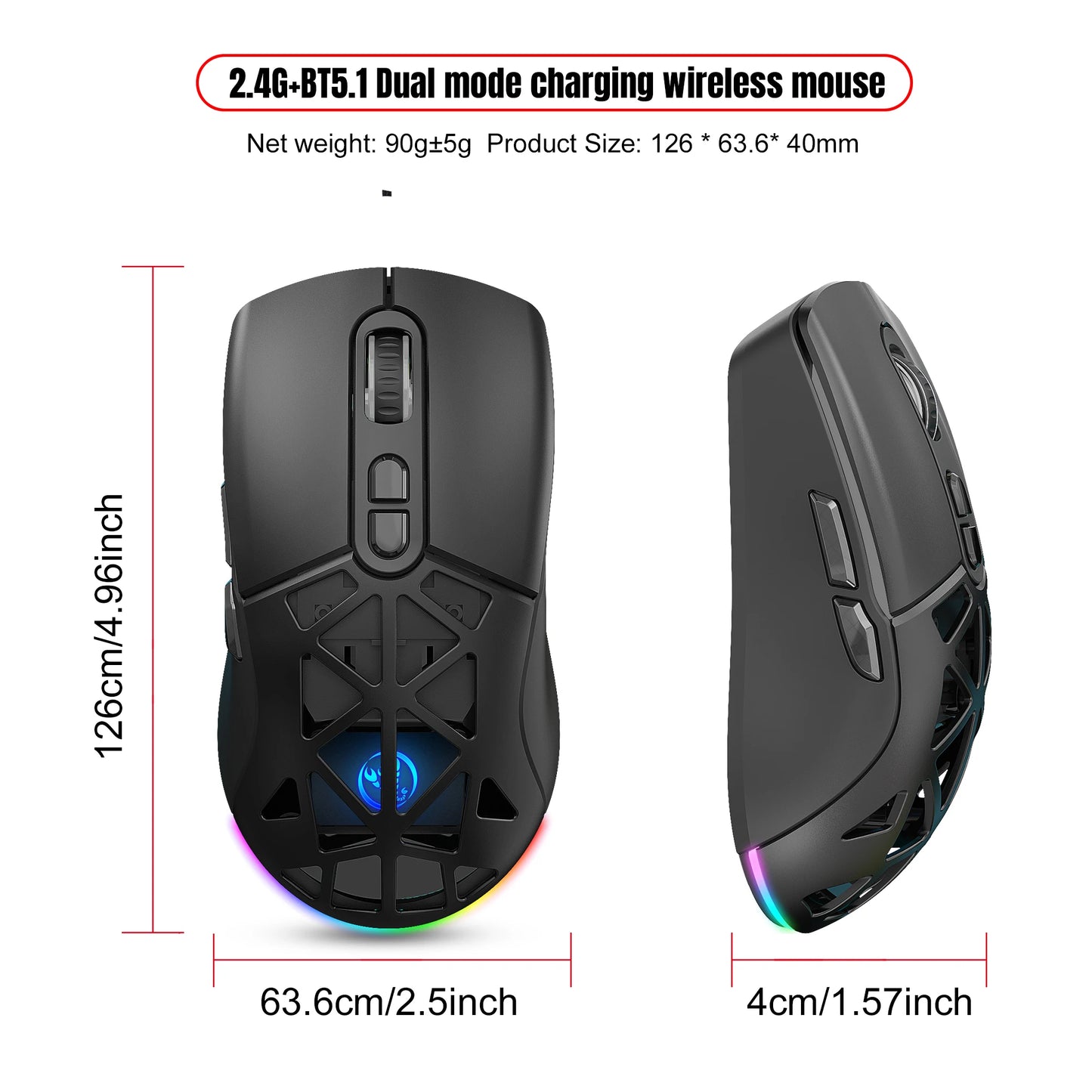 HXSJ T26 Dual Mode Gaming Mouse 2.4G+BT5.1 Wireless Mouse Gaming for Laptop 4800DPI Adjustable Ergonomic Optical Computer Gamer