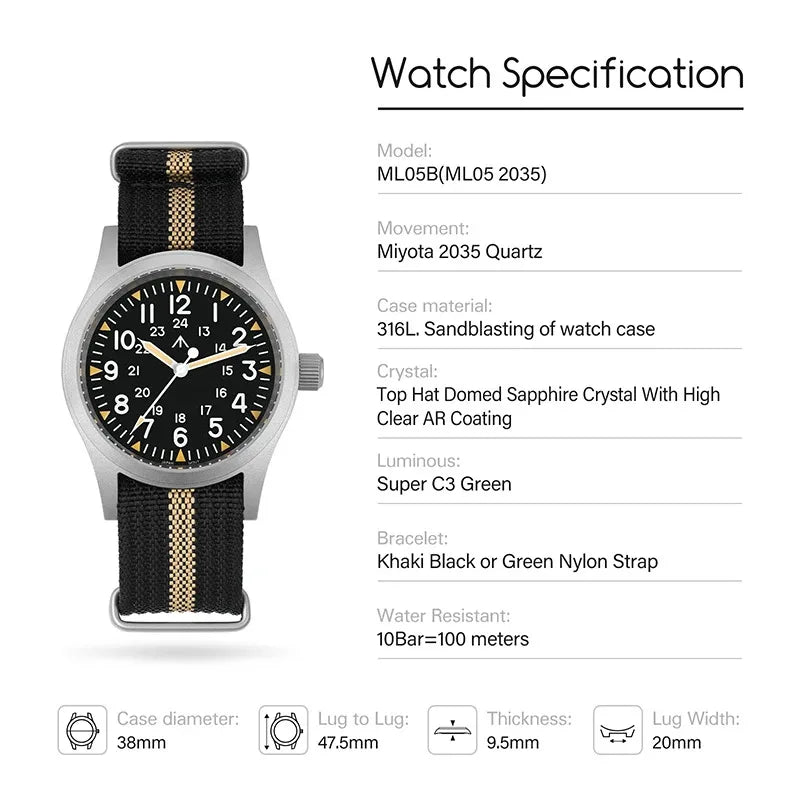 Militado ML05 38mm Military Watch Miyota 2035 Movement Domed Sapphire Crystal C3 Green Luminous 10Bar Waterproof Vintage Watches