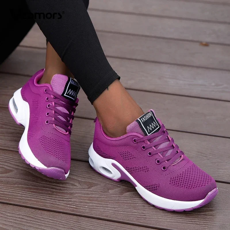 Fashion Women's Lightweight Sneakers Running Outdoor Sports Breathable Mesh Comfortable Air Cushion Lace-Up Shoes
