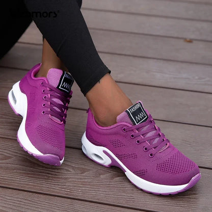 Fashion Women's Lightweight Sneakers Running Outdoor Sports Breathable Mesh Comfortable Air Cushion Lace-Up Shoes