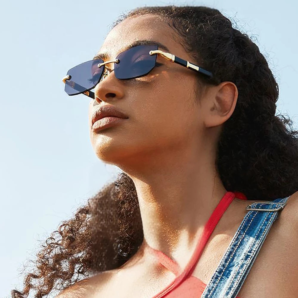 Mode Rimless Solglasögon Män Kvinnor Populära Ramlösa Solglasögon Man Kvinna Klassiska Små Fyrkantiga Sommar Resesolglasögon