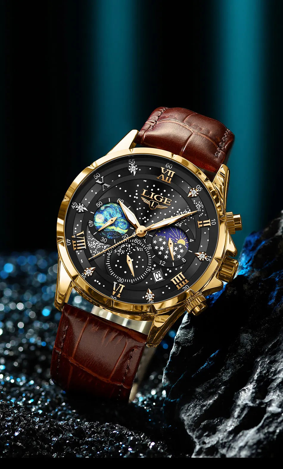 Relógio para homem LIGE – Relógio de quartzo de luxo, estilo descontraído, bracelete em pele, ideal para o trabalho ou para a prática desportiva, resistente à água, com data e cronógrafo.