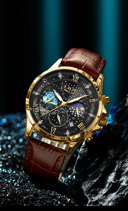 Relógio para homem LIGE – Relógio de quartzo de luxo, estilo descontraído, bracelete em pele, ideal para o trabalho ou para a prática desportiva, resistente à água, com data e cronógrafo.