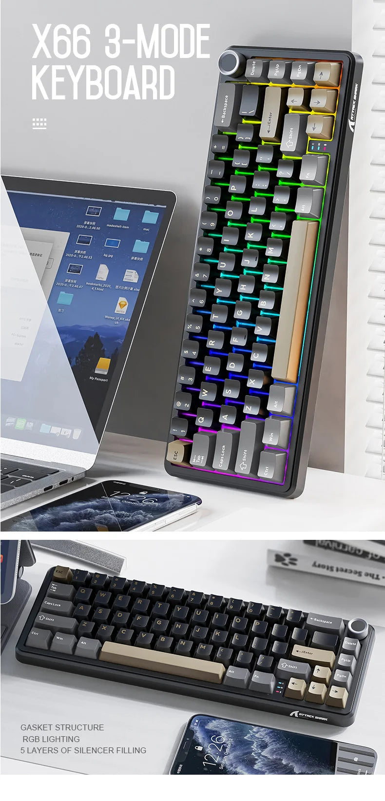 Teclado mecánico inalámbrico Attack Shark X66 con diseño compacto 65%, retroiluminación RGB, montaje gasket, hot swap, Bluetooth, USB-C, PBT y batería de gran capacidad