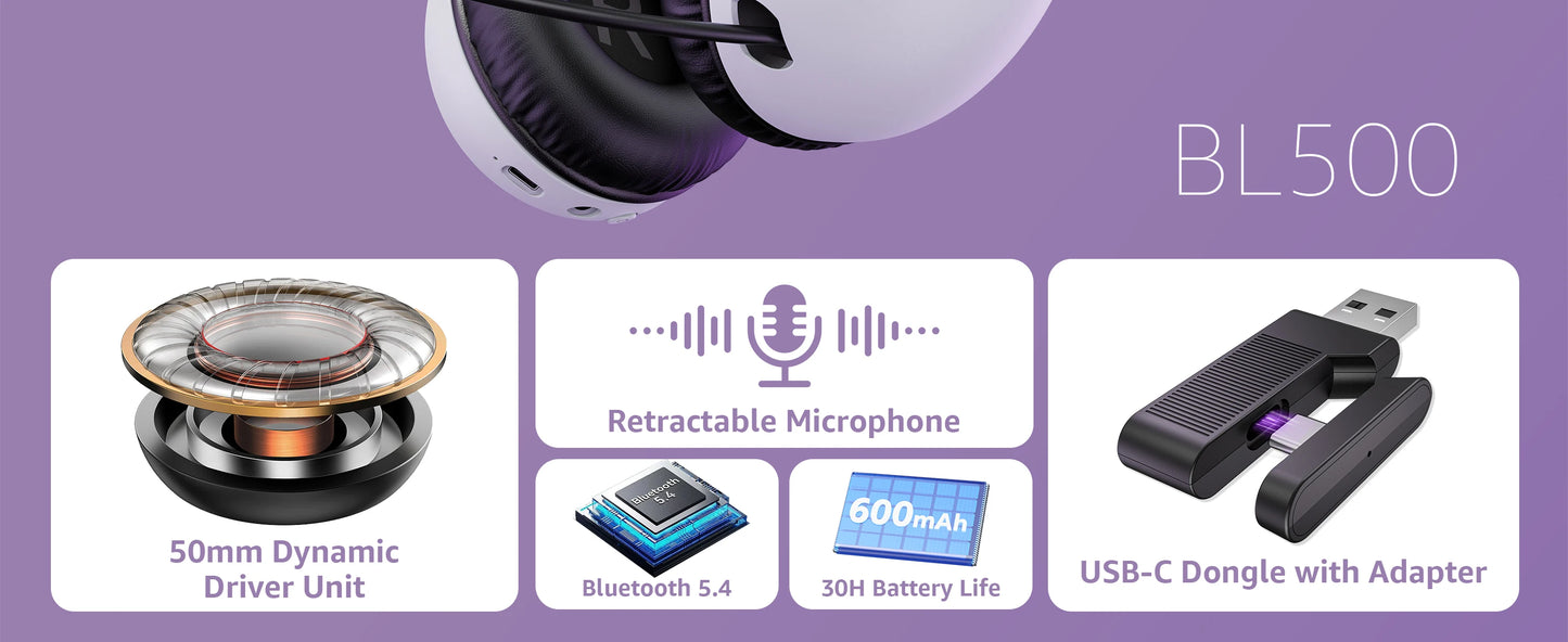 Acinaci BL500 Gaming Headset 2.4G with Noise-Canceling Mic 30-Hour Life,for PC PS4 PS5