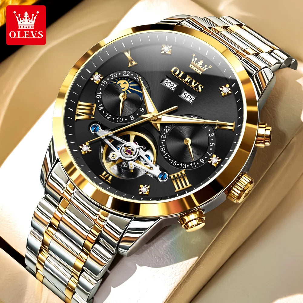 OLEVS Men's Watches Moon Phase Hollow Flywheel Exclusive Original Automatic Mechanical Watches For Men Luxury Man Watch New 7029