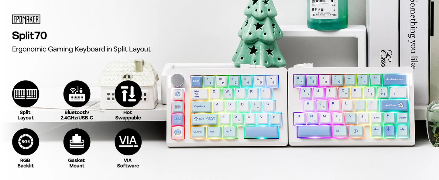EPOMAKER Split70 QMK/VIA 70% Split Layout Hot-Swap Wired/BT/2.4Ghz Wireless Mechanical Gaming Keyboard with Programmable Knob