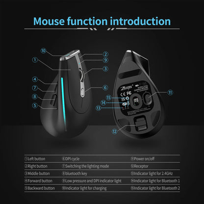 ZELOTES F36 Vertical Wireless Mouse Bluetooth Ergonomic Mice Rechargeable Programmable Gaming Mouse 2.4G 2400DPI for Laptop PC