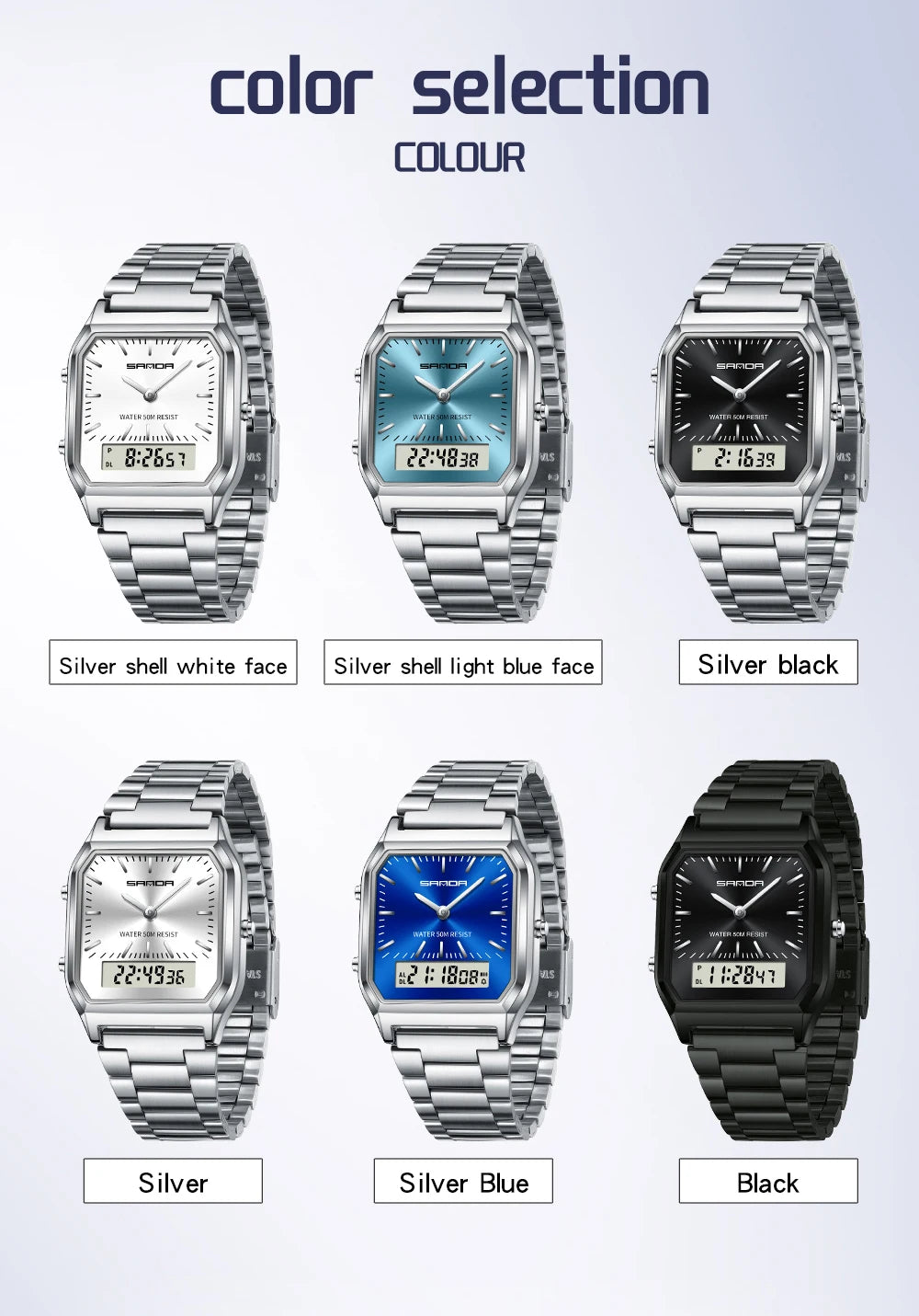 SANDA 747 Luxury Mens G Style Watches Stainless Steel Women LED Digital Dual Display Clock Unisex Waterproof Sports Quartz Watch