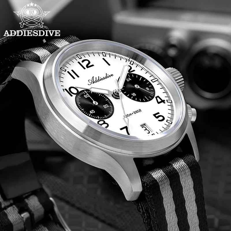 ADDIESDIVE 2025 New Panda Eye Men's Watches Retro Luxury VK64 Quartz Watch For Men Sport Chronograph 100M Waterproof Luminous