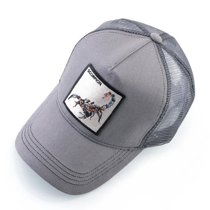 Unisex-trucker-kasket med broderet skorpion-patch, baseballkasket til mænd, snapback-hiphop-kasket til kvinder, udendørs kasket med visir i åndbart materiale
