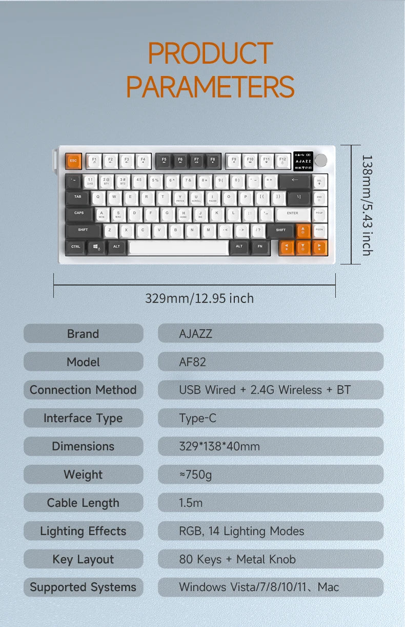 AJAZZ AF82 Office Low Profile Keyboard RGB Wired/Wireless Gaming Keyboard 75% Layout 82 keys 4000mAh Battery for Win/Mac