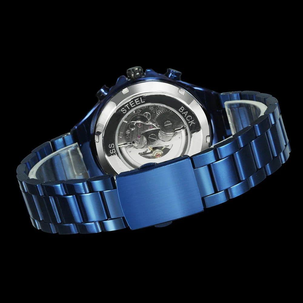 Relógio automático para homem WINNER – Modelo esqueleto transparente, ponteiros luminescentes, bracelete em aço inoxidável, relógio mecânico de marca de luxo