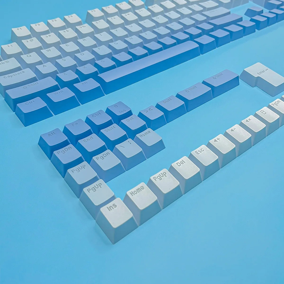 Teclas Gamer RGB retroiluminadas em degradé para teclado mecânico com switch MX, perfil OEM, PBT, branco e azul, layout ISO, teclas DIY