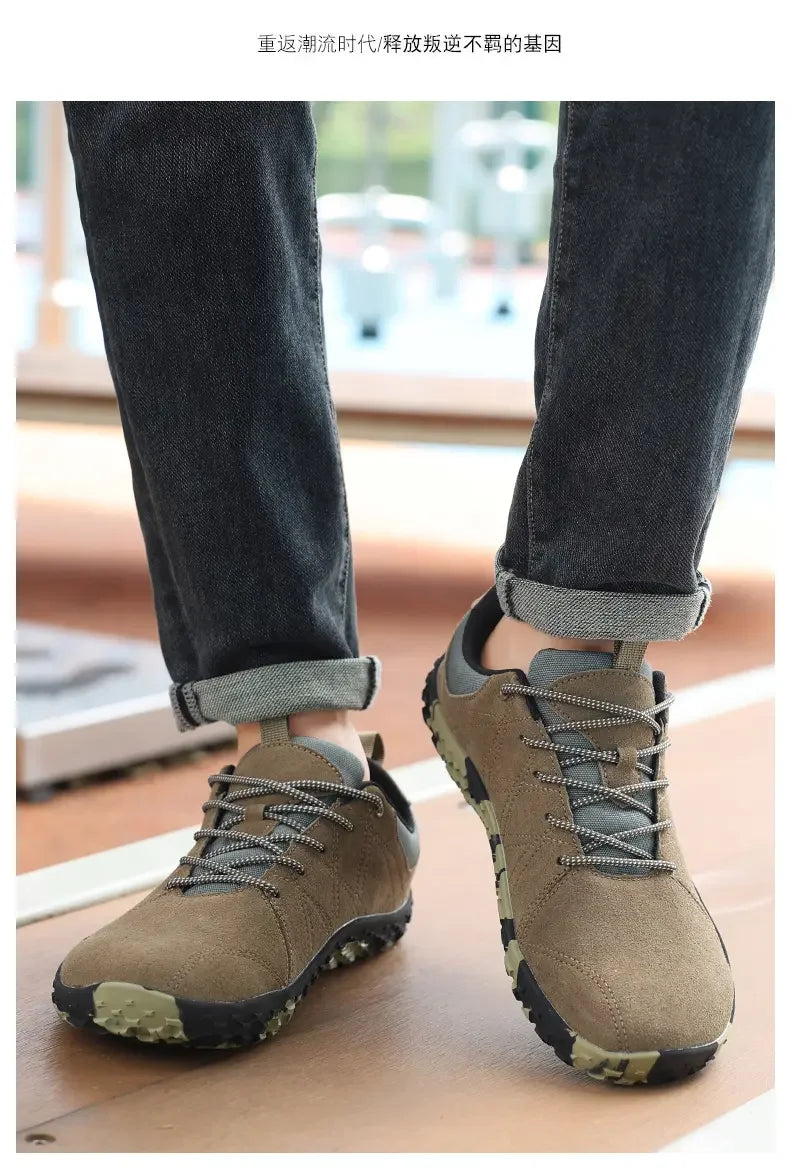 Zapatos de cuero de ante y tejido PU con puntera ancha, antideslizantes, para senderismo, trabajo, deporte masculino y caminatas al aire libre para mujer