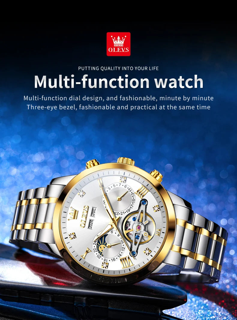OLEVS Men's Watches Moon Phase Hollow Flywheel Exclusive Original Automatic Mechanical Watches For Men Luxury Man Watch New 7029