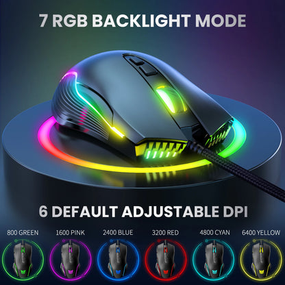 ONIKUMA Wired Gaming Mouse 6 Levels Adjustable 6400 DPI 7 Programmable Buttons 7 RGB Lighting Modes Ergonomic Mice for PC Gamer