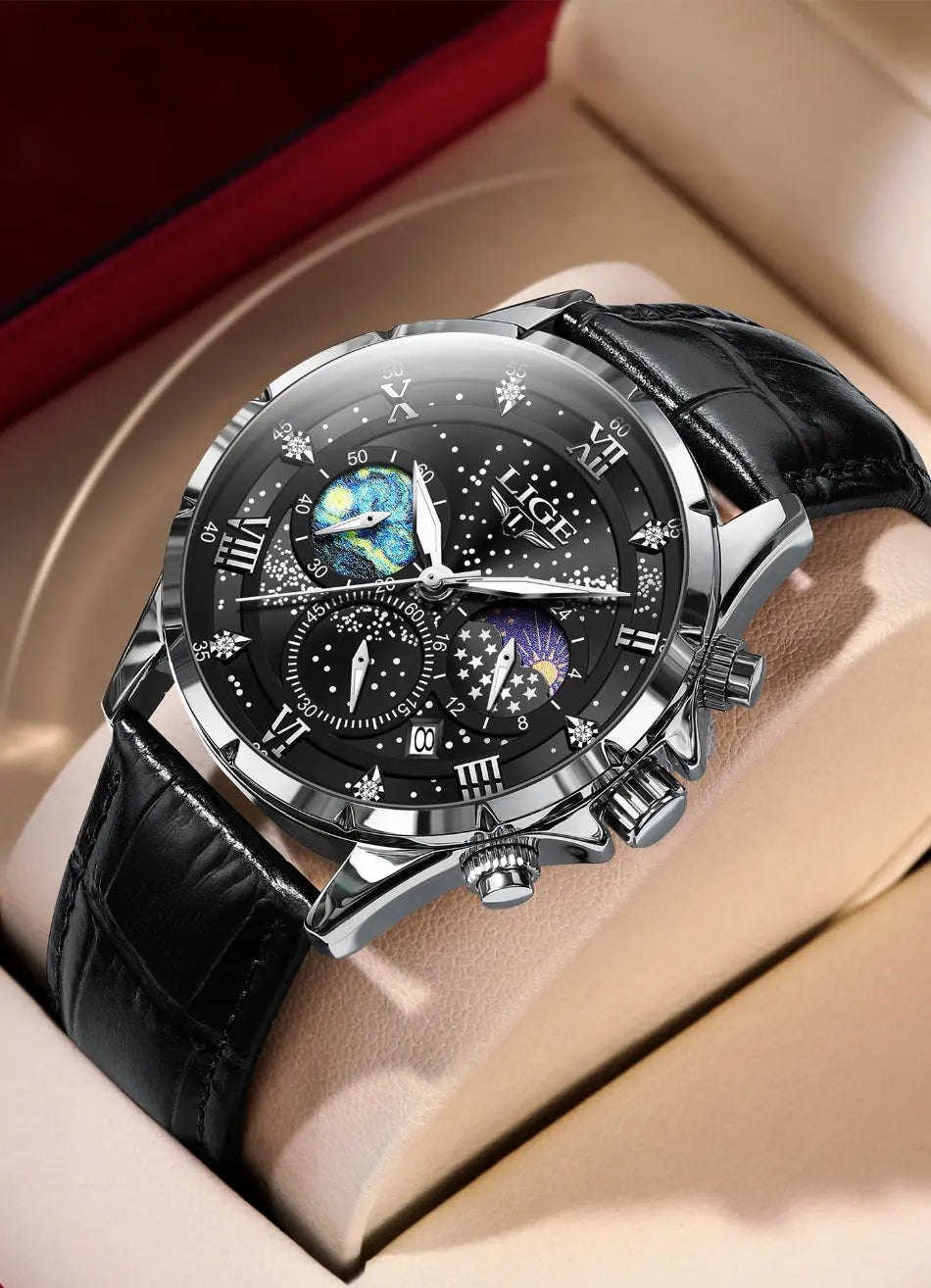 Relógio para homem LIGE – Relógio de quartzo de luxo, estilo descontraído, bracelete em pele, ideal para o trabalho ou para a prática desportiva, resistente à água, com data e cronógrafo.