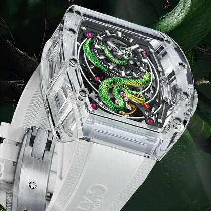 BONEST GATTI Men Mechanical Watch Sapphire Crystal Double Sided Hollow Out Luminous 30M Waterproof Snake Pattern Dial Wristwatch