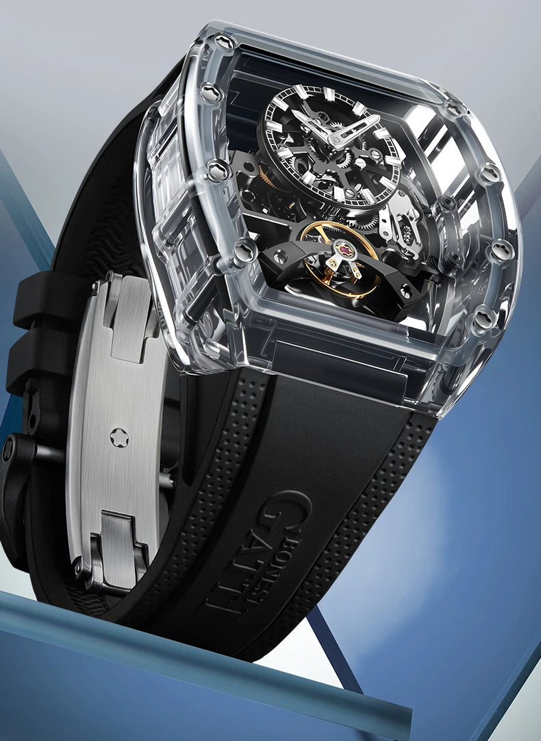BONEST GATTI New Fully Automatic Men Watch Skeleton Mechanical Watch Rubber Black Band Luminous Barrel Shaped Men Watch