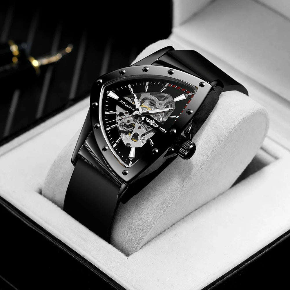 Relógio automático para homem WINNER, design esqueleto triangular, ponteiros luminescentes, bracelete em borracha, estilo militar, relógio mecânico de luxo