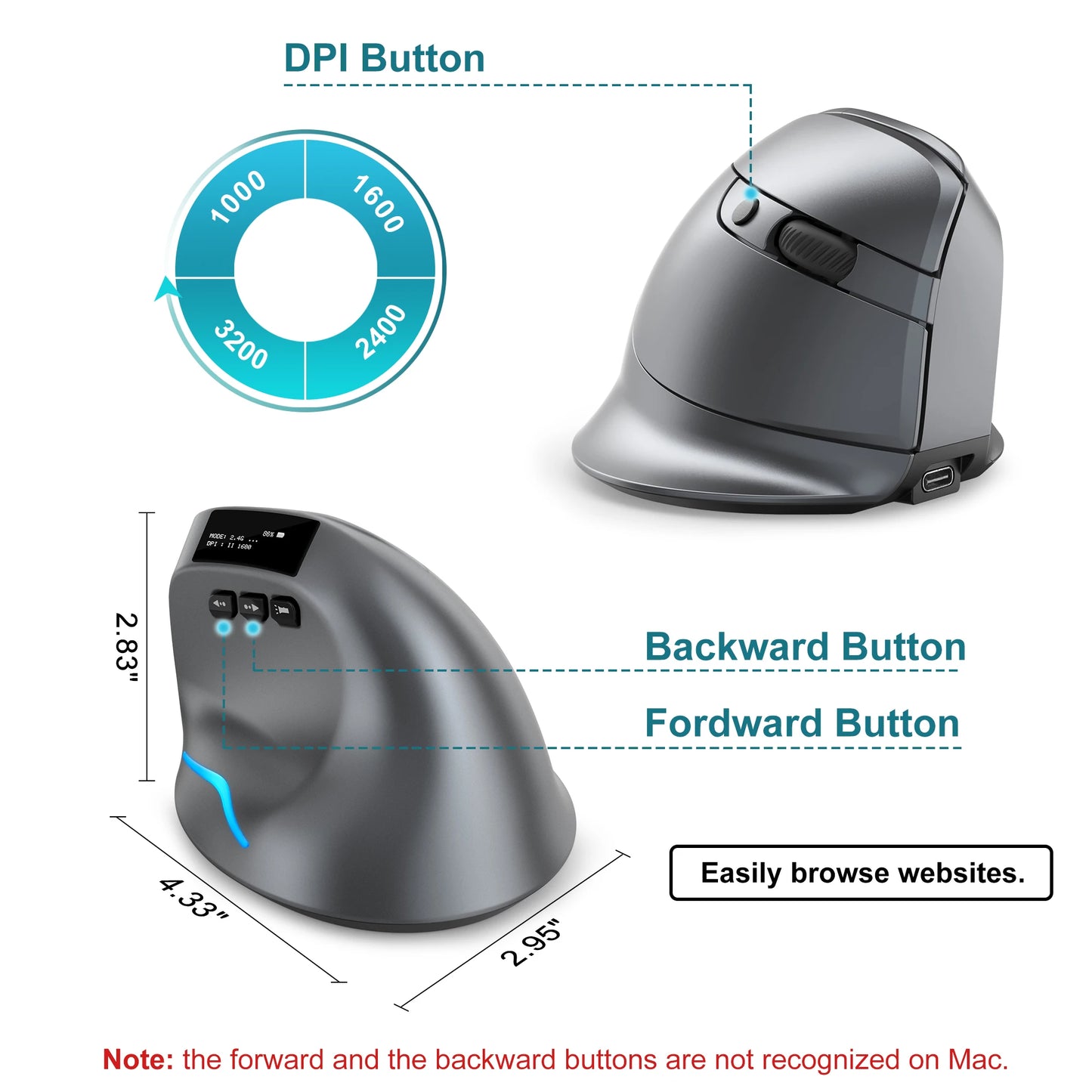 Lefon F26C Vertical Mouse Wireless with OLED Screen Bluetooth Ergonomic Mouse Optical Rechargeable Gaming Mice for PC Laptop