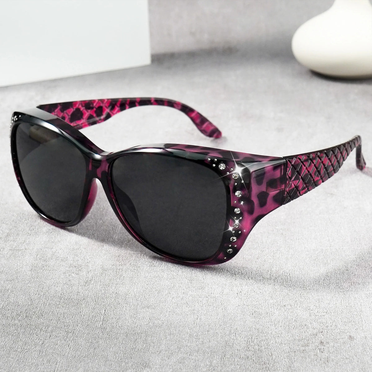 Sunglasögon med strass som passar över vanliga glasögon – Modesolglasögon som passar över – Glittrande, överdimensionerade, leopardmönstrade, fyrkantiga glasögon