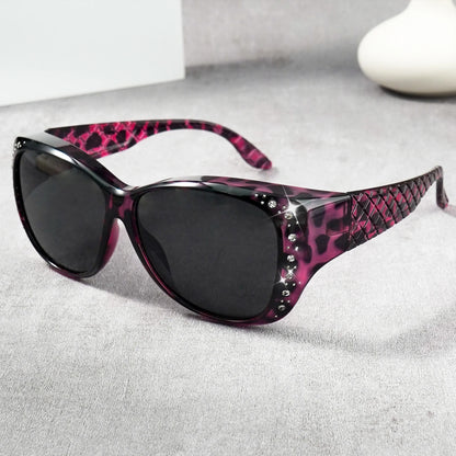 Sunglasögon med strass som passar över vanliga glasögon – Modesolglasögon som passar över – Glittrande, överdimensionerade, leopardmönstrade, fyrkantiga glasögon