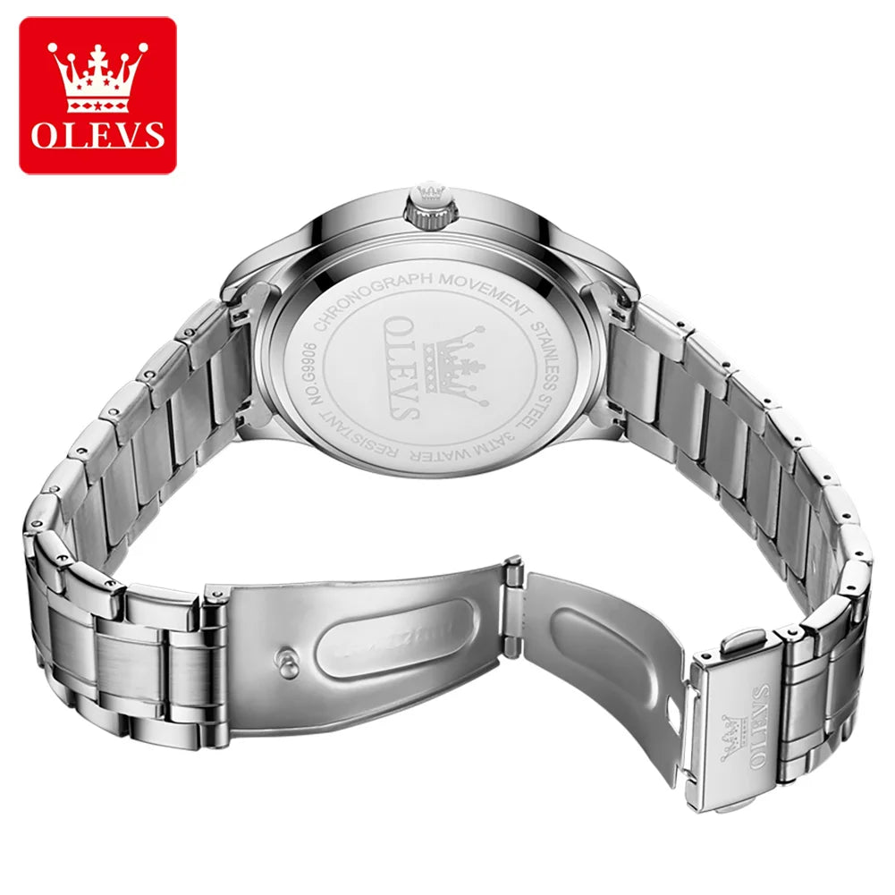 OLEVS 9906 kvartsur til mænd, firkantet model med diamanter, armbånd i rustfrit stål, vandtæt, med dobbelt kalender; et originalt luksusarmbåndsur, der er ideelt til erhvervslivet.