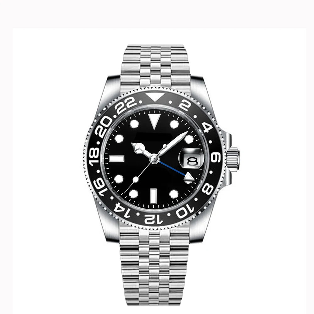 40MM Custom Logo New Men Quart Wristwatch Jubilee Stainless Quartz GMT Watch Sapphire Glass Men Watches Waterproof Luminous