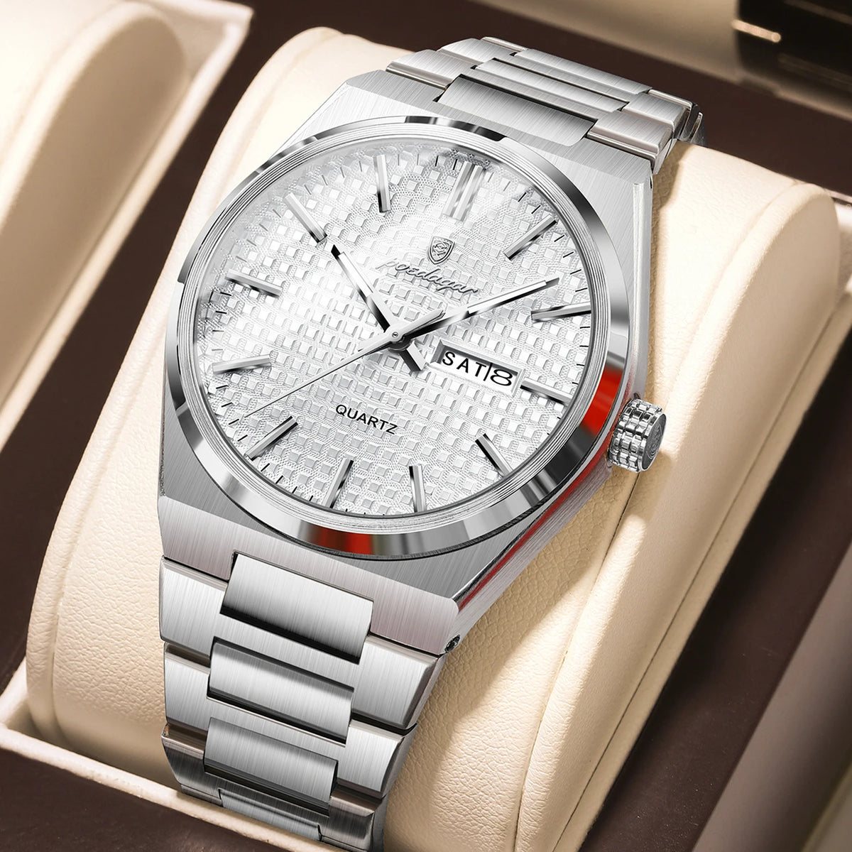 Orologio da polso di lusso da uomo POEDAGAR, impermeabile, luminescente, in acciaio inossidabile, con data e giorno della settimana, al quarzo, stile business.